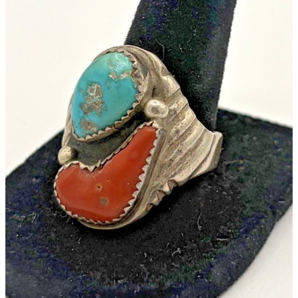Vintage Ray Fierro Navajo Sterling Silver Turquoise Coral Ring - Picture 4 of 8